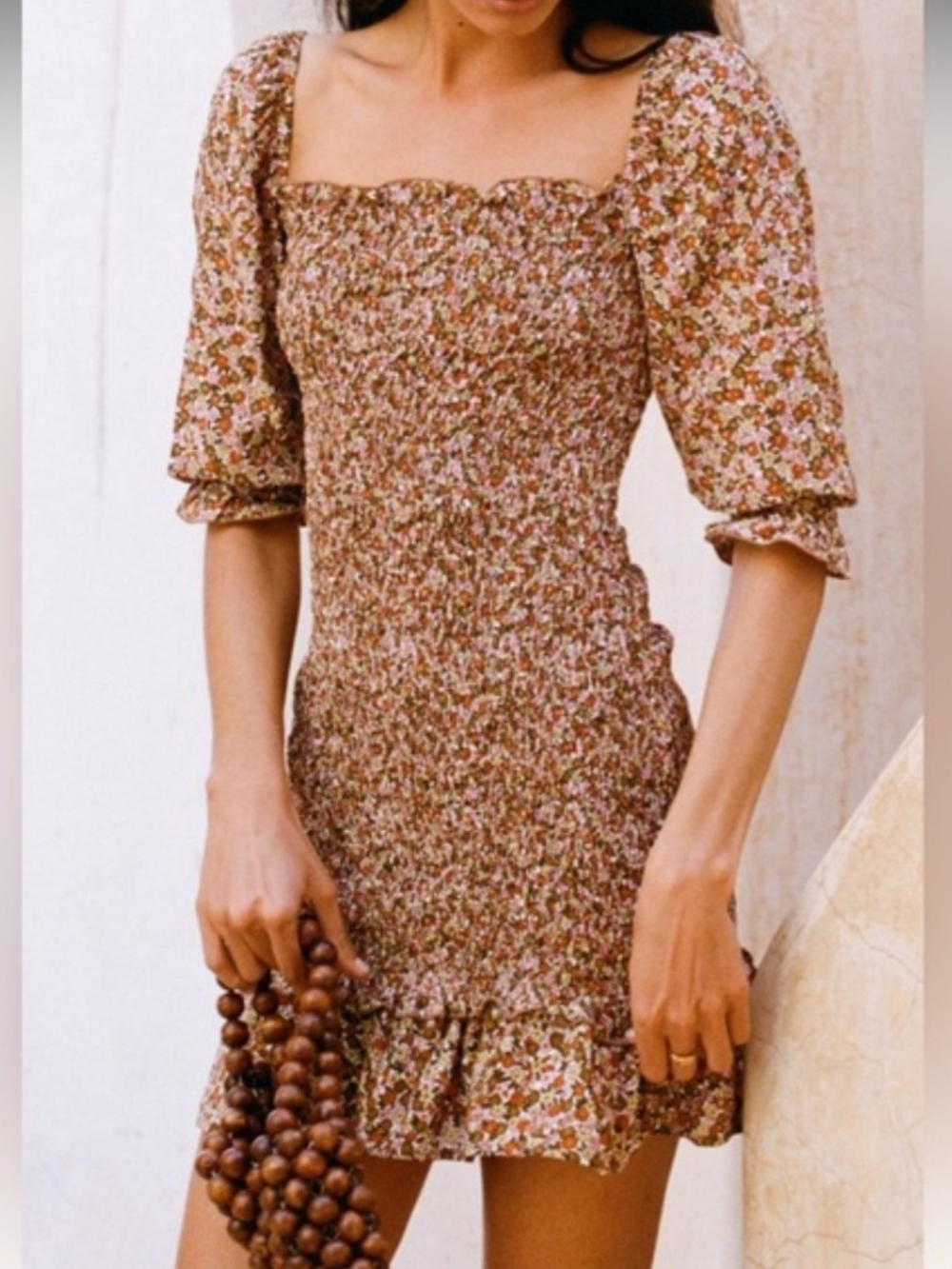 Faithfull the Brand Es Saada Ruched Mini Dress in Mathiola Brown Floral XS